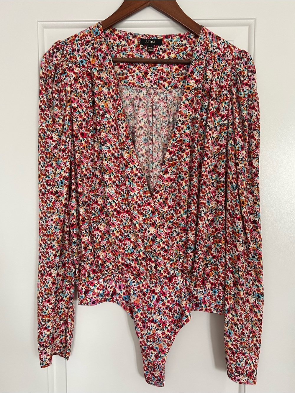 AFRM Wrap Crossover Bodysuit Red Pink Ditsy Floral Long Sleeve Top Sz M